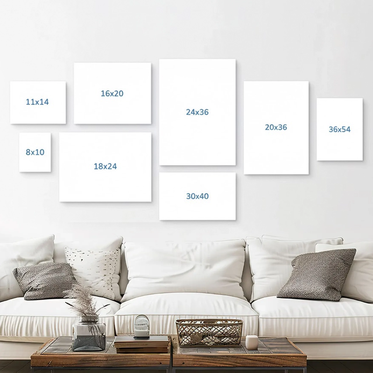 Room with various canvas print sizes on wall